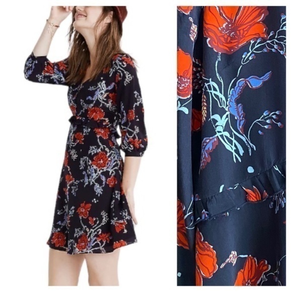 Madewell Navy Blue Red Floral Windblown Poppies Print Silk Ruffle Waist Dress 8